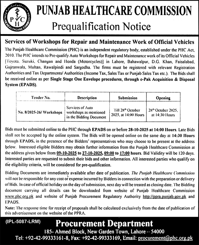 Punjab Healthcare Commission Lahore Tender Notice